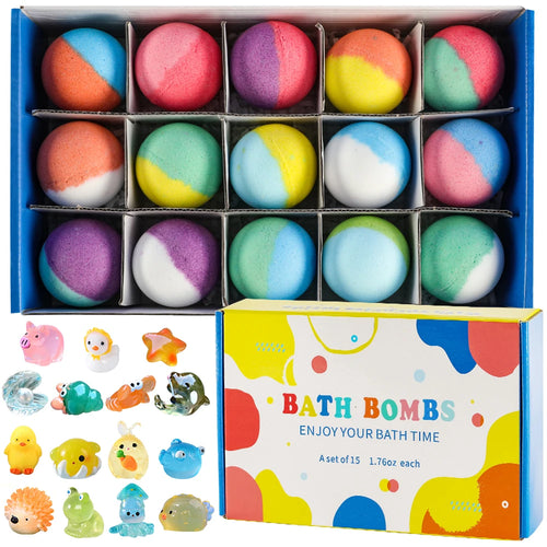 15PCS Kids Bath Bomb Gift Set – Colorful Fizzy Bath Bombs with Hidden Surprise Toys