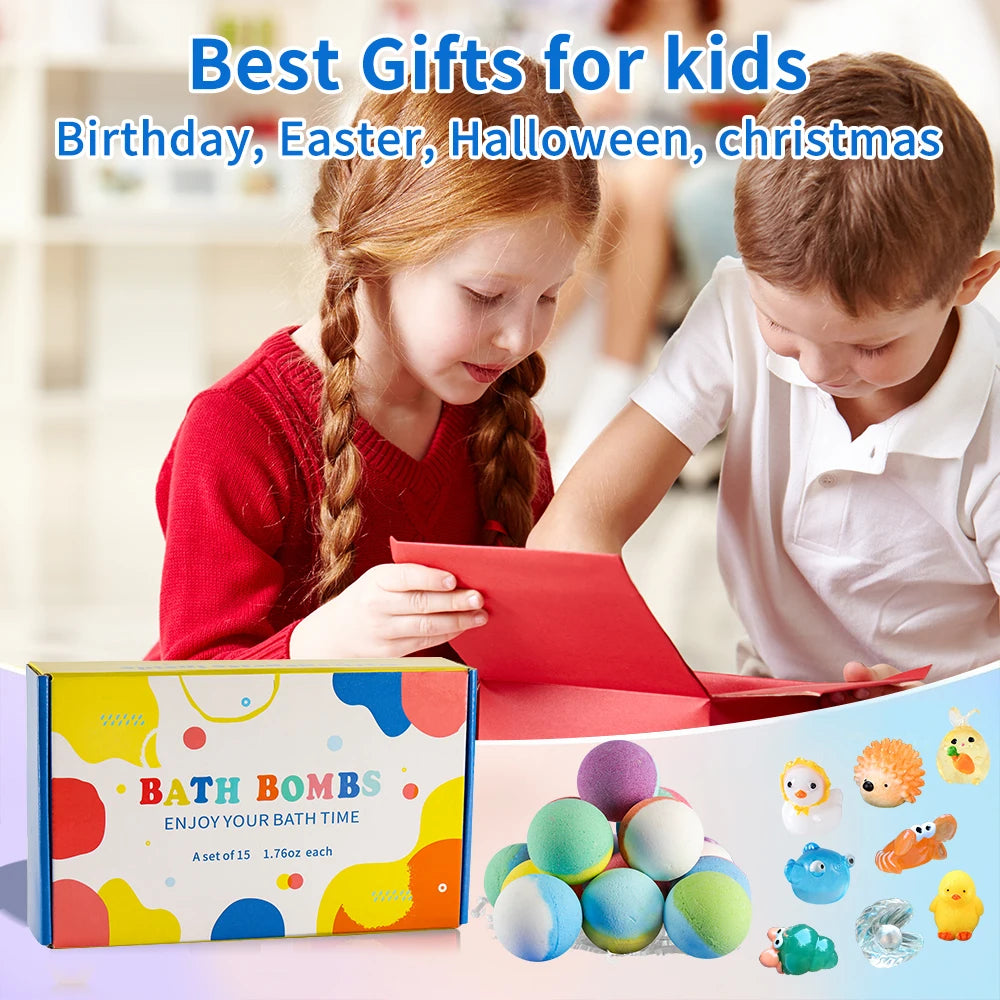 15PCS Kids Bath Bomb Gift Set – Colorful Fizzy Bath Bombs with Hidden Surprise Toys